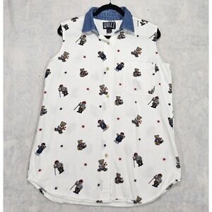 Vtg Quizz Again Shirt Polo Bear Womans Sz L Button Up Denim 90s Patriotic Blue